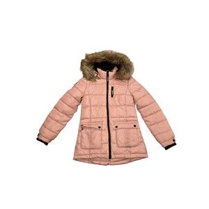 Justice Girls Puffer Jacket Pink Faux Fur Lined Hood Size (8)